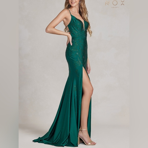 Emerald, burgundy, navy new long beaded fitted dress with open lace up back - Picture 7 of 8